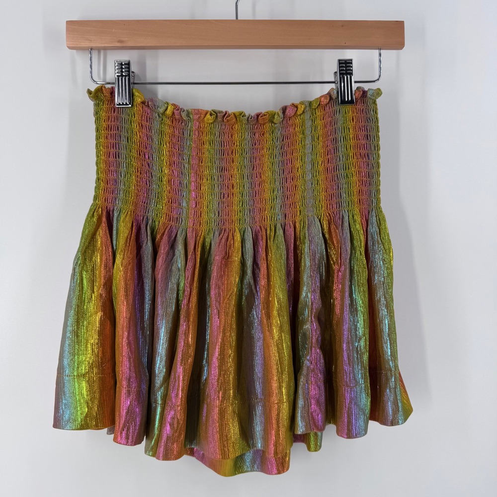 Queen of Sparkles Rainbow Swing Skirt Sz S Iridescent Metallic Smocked Festival
